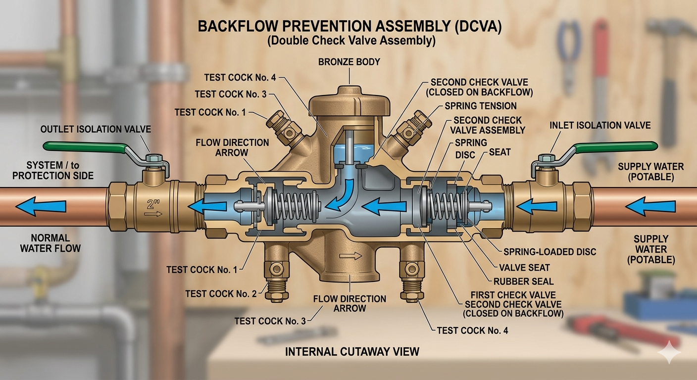 : Diagram showing how a backflow prevention device protects drinking water supply