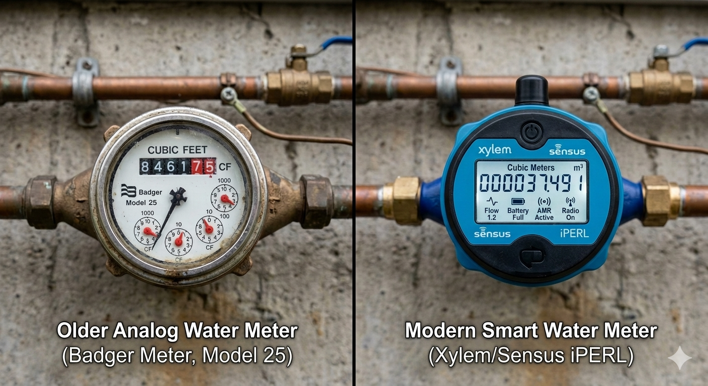 Old analog water meter compared to new smart water meter installation in New Hampshire